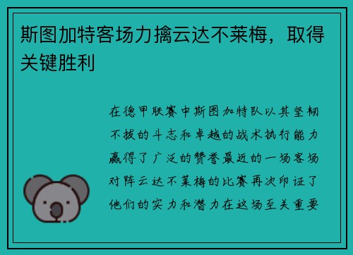 斯图加特客场力擒云达不莱梅，取得关键胜利